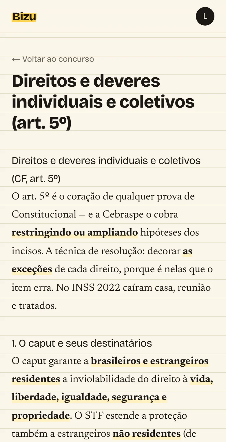 Aula do Bizu com conteúdo organizado e callout de estudo