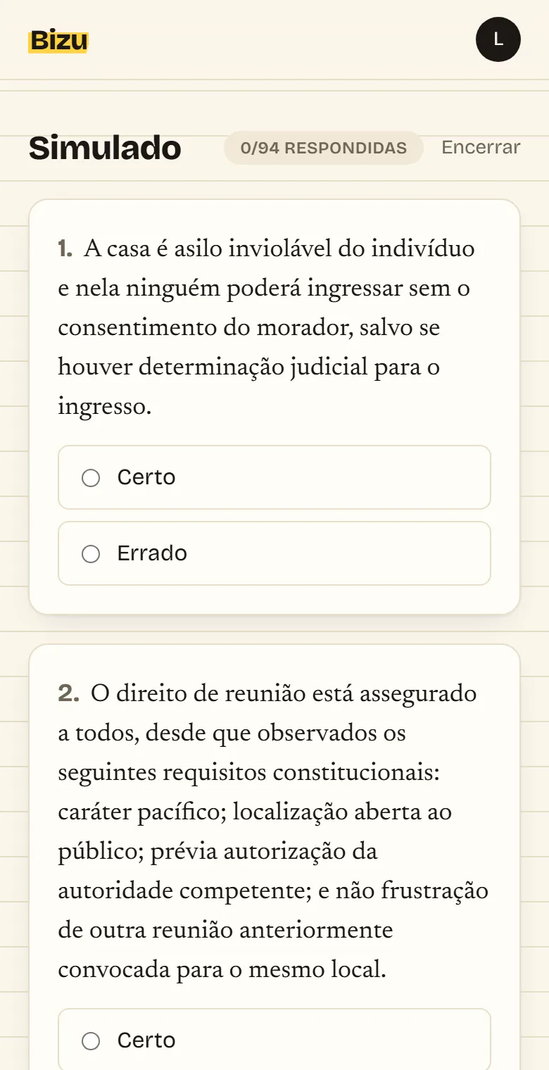 Questão do simulado do Bizu em tela de celular