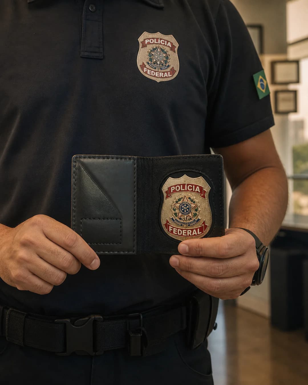 Agente da Polícia Federal segurando a carteira funcional aberta
