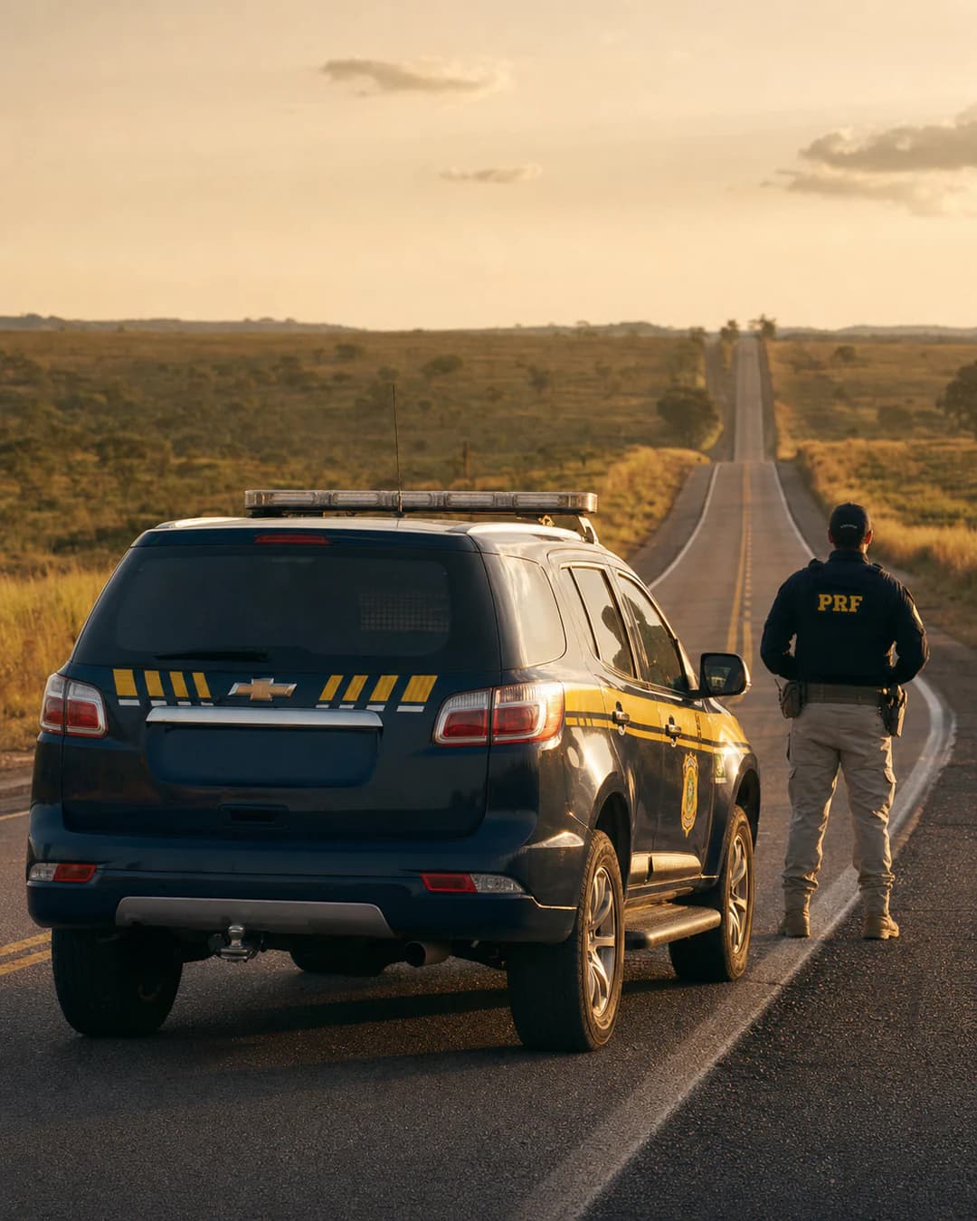 Policial rodoviário federal ao lado da viatura, em rodovia no fim da tarde